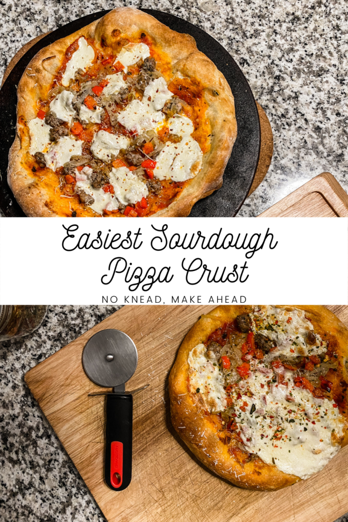 Image of two sourdough pizzas with a text banner in the center reading, "Easiest Sourdough Pizza Crust"