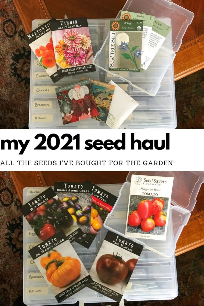 Pinterest pin containing images of flower seed and tomato seed packets with a white text box in the center reading, "My 2021 Seed Haul - all the seeds I've bought for the garden."