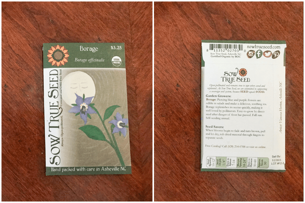 Split screen showing the front and back of a seed packet for blue Borage flowers from Sow True Seed Co.
