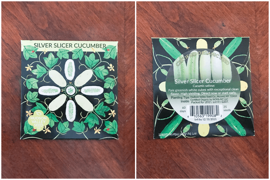 Split screen showing the front and back of a seed packet for a Silver Slicer Cucumber from Hudson Valley Seed Company
