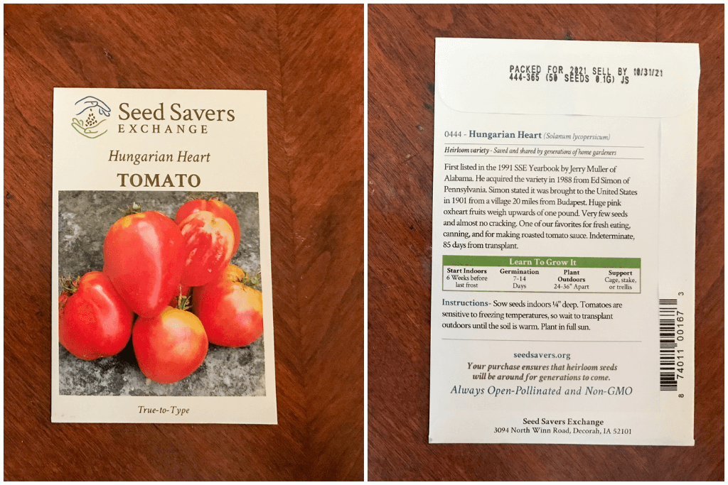 Split screen showing the front and back of a seed packet for Hungarian Heart Tomatoes from Seed Savers Exchange