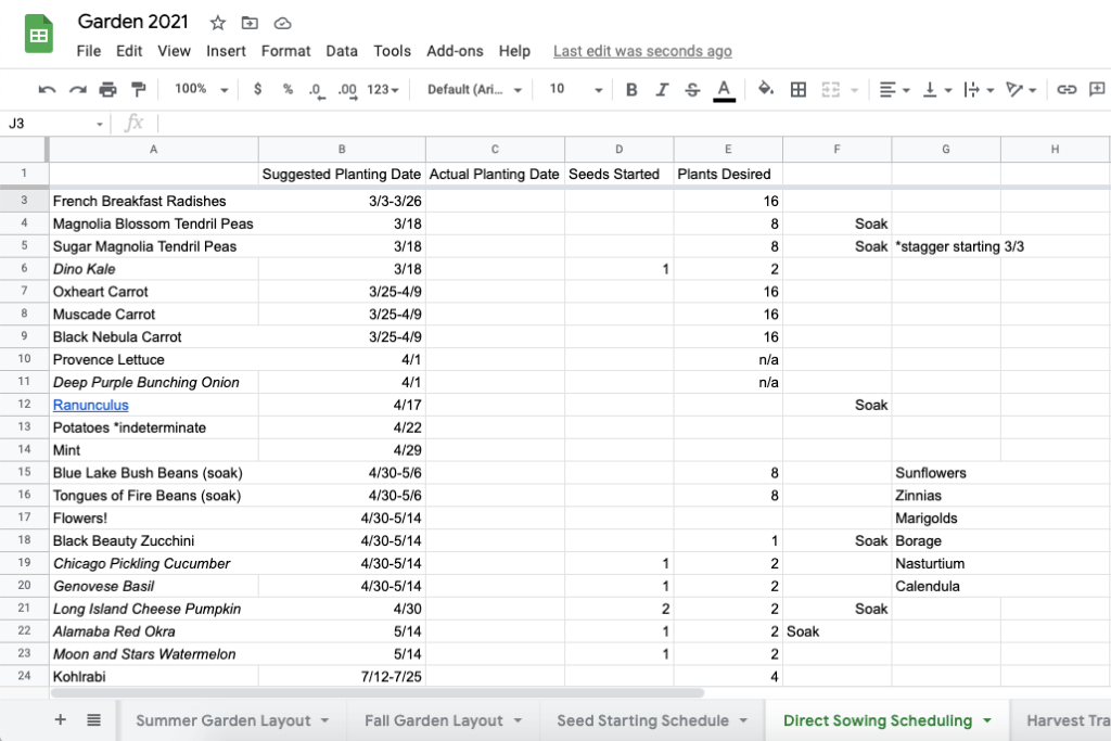 Screenshot of a google spreadsheet direct seed sowing schedule