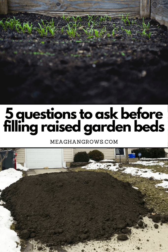 Pinterest pin containing images of a pile of soil on a driveway and a close up of a raised bed interior with seedlings sprouting. Black text on a white background reads, "5 questions to ask before filling raised garden beds" and "meaghangrows.com"