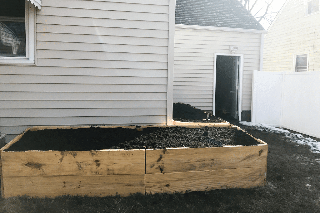 Straight-on photo of filled raised garden beds