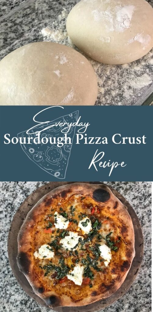 Pin containing images of the finished sourdough pizza and the proofed sourdough pizza crust dough balls. A blue banner in the center with white text reads, "Everyday Sourdough Pizza Crust recipe" with a white sketch of a slice of pizza.