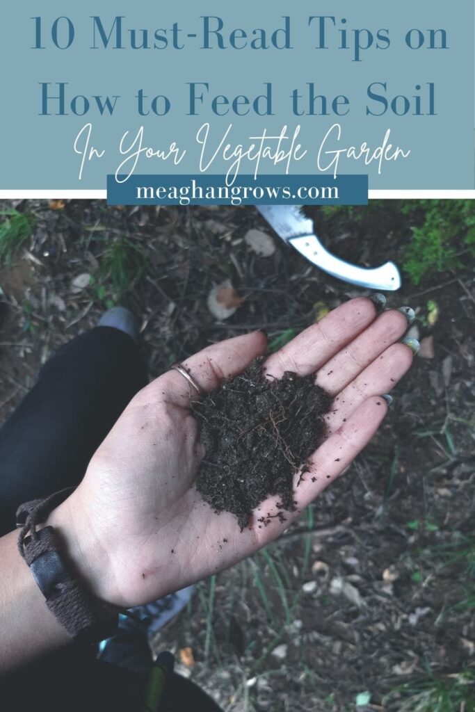 Pinterest pin containing an image of a hand holding up a handful of compost and a blue banner reading, "10 Must-Read Tips on How to Feed the Soil in Your Vegetable Garden"