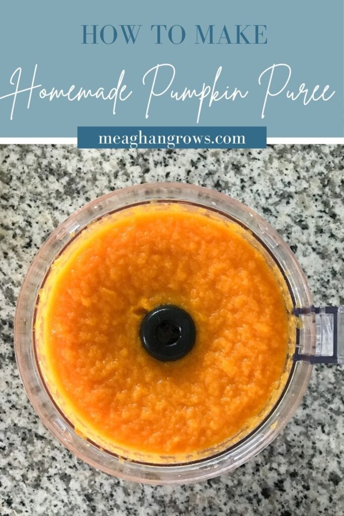 Pinterest pin containing image of a food processor full of homemade pumpkin puree. A blue banner at the top reads, "How to make Homemade Pumpkin Puree" and "meaghangrows.com"