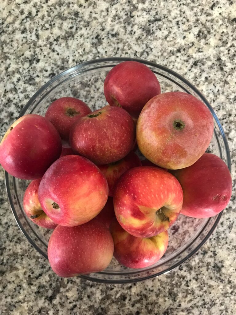 Overhead shot of red apples in a glass bowl