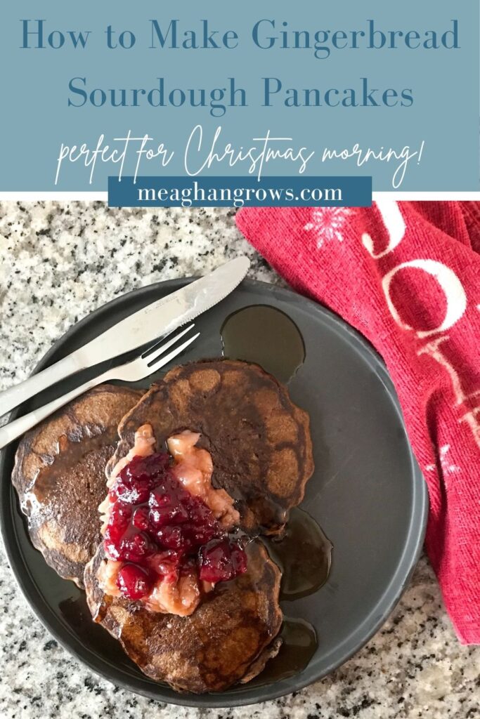 Pinterest pin containing an overhead shot of gingerbread sourdough pancakes on a black plate. The pancakes are topped with applesauce, cranberry sauce, and maple syrup. A blue banner reads, "How to make gingerbread sourdough pancakes – perfect for Christmas morning!"
